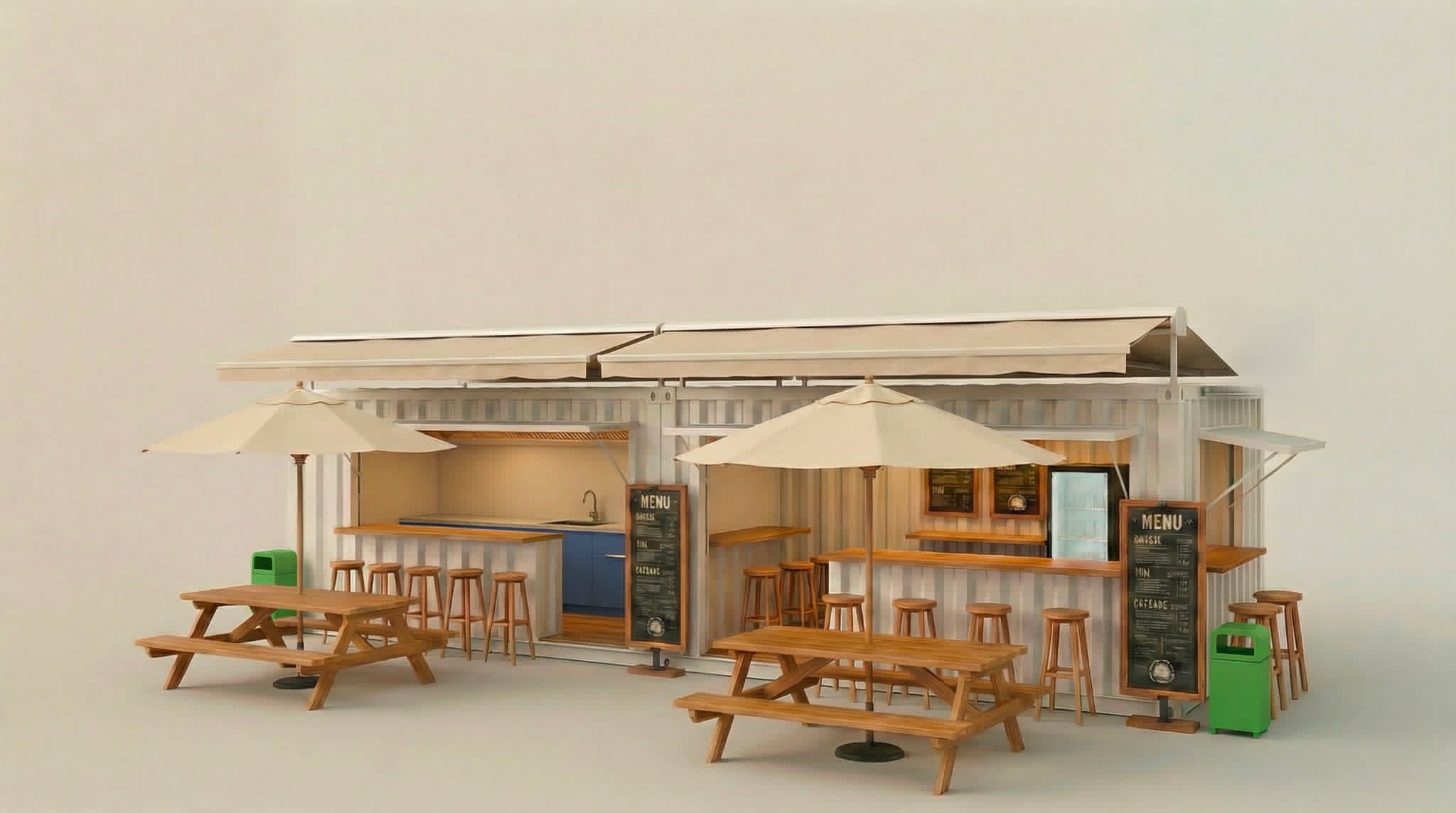 Vue d'architecture du Kiosque Solidaire d'Agadir — comptoir en container réaménagé avec deux parasols crème, tables de pique-nique en bois clair, tabourets, ardoises de menu et bornes de tri